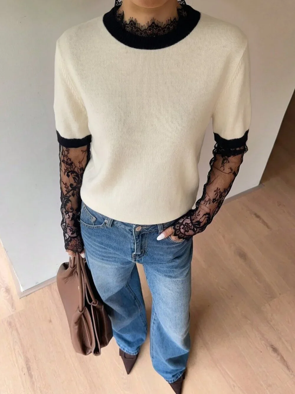 Apricot Casual Women's Contrast Lace Ruffle Drop Sleeve Round Neck Sweater